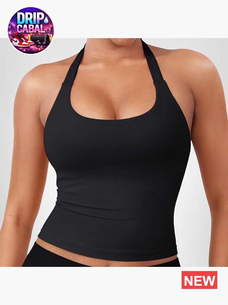 Womens Impact Halter Tank Top Longline Backless Scoop Neck Built-In Bra Sports